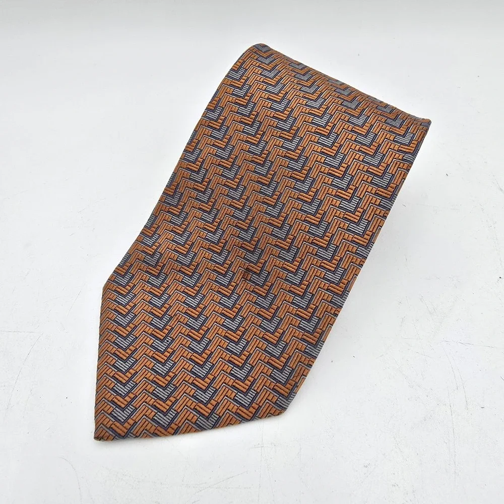 Mens J Hane Barnes Orange Gray‎ Geometric 100% Silk Tie Made in Japan